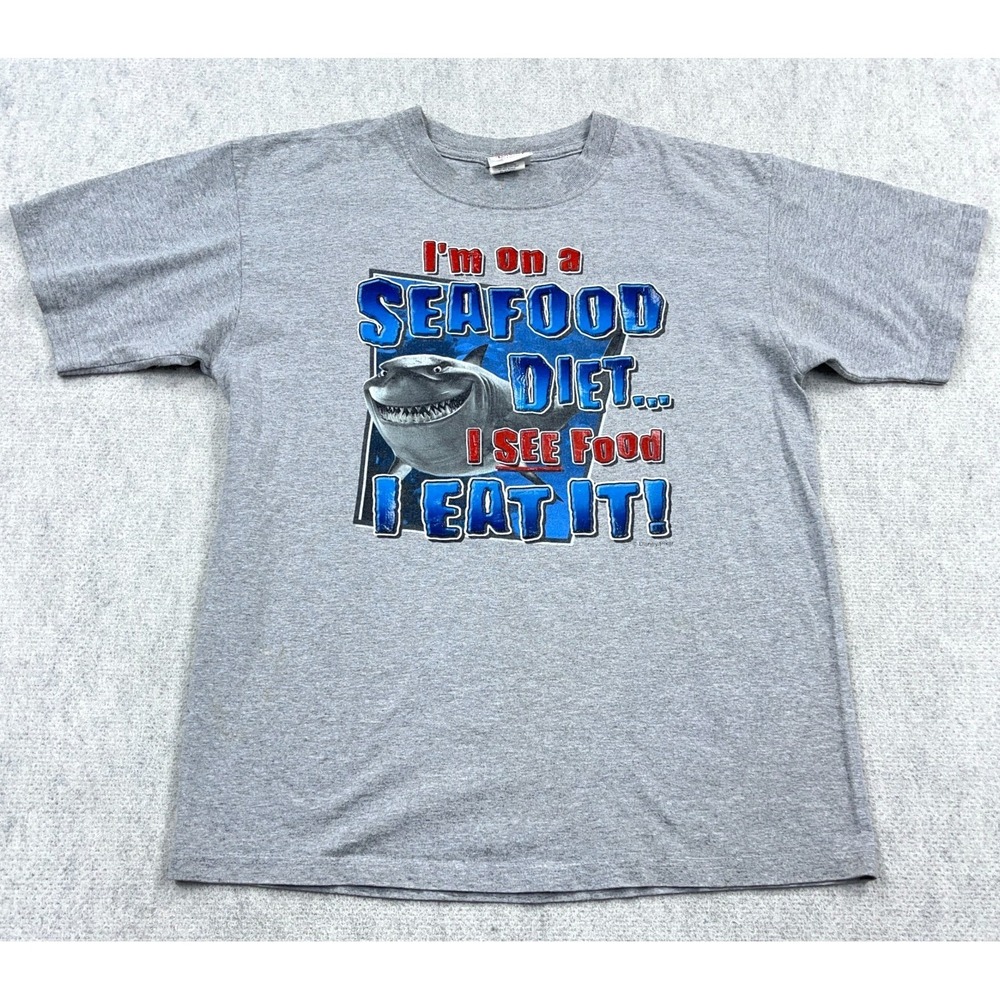 Vintage DISNEY Finding Nemo Shirt Men Medium Gray Tee Shark Seafood Diet Y2K
